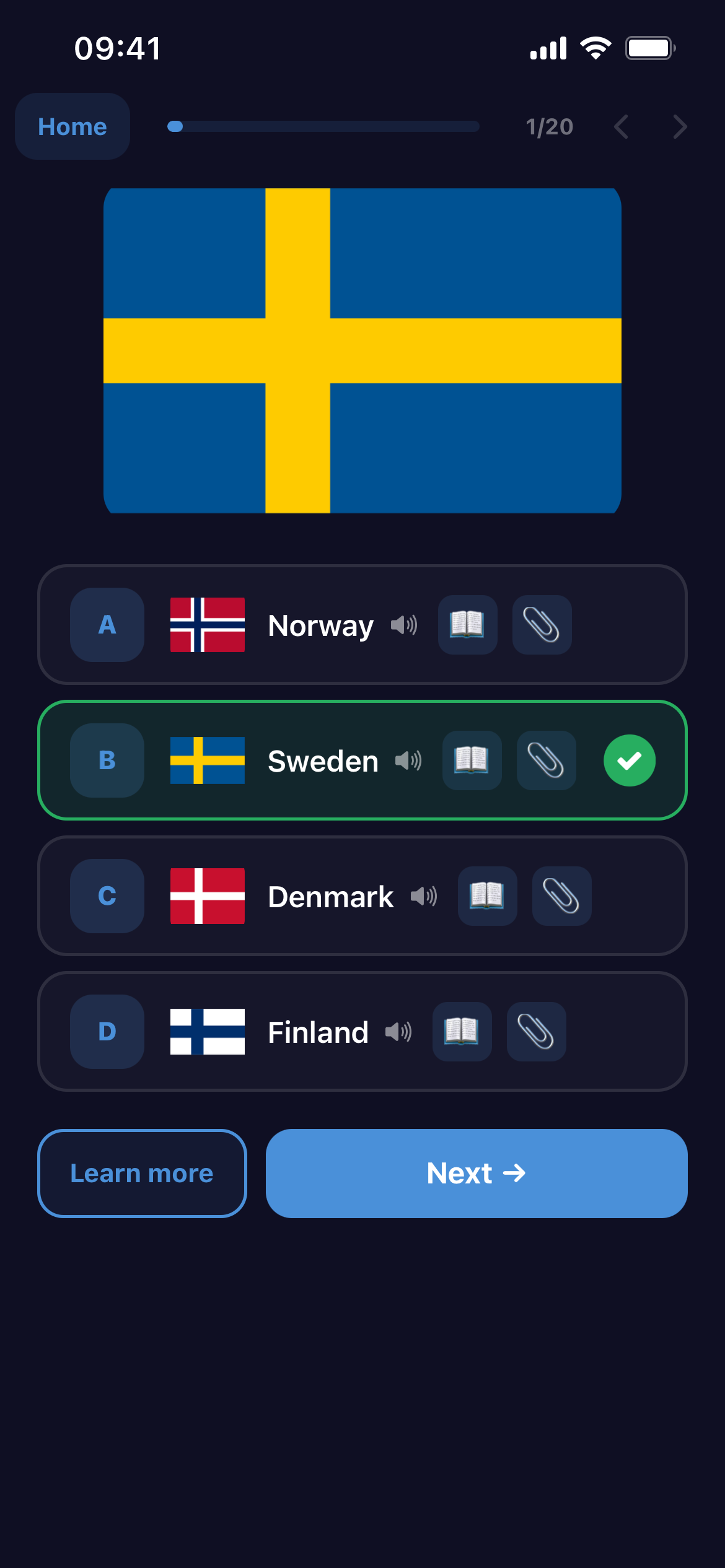 Flag Quiz in English with Sweden selected as the correct answer