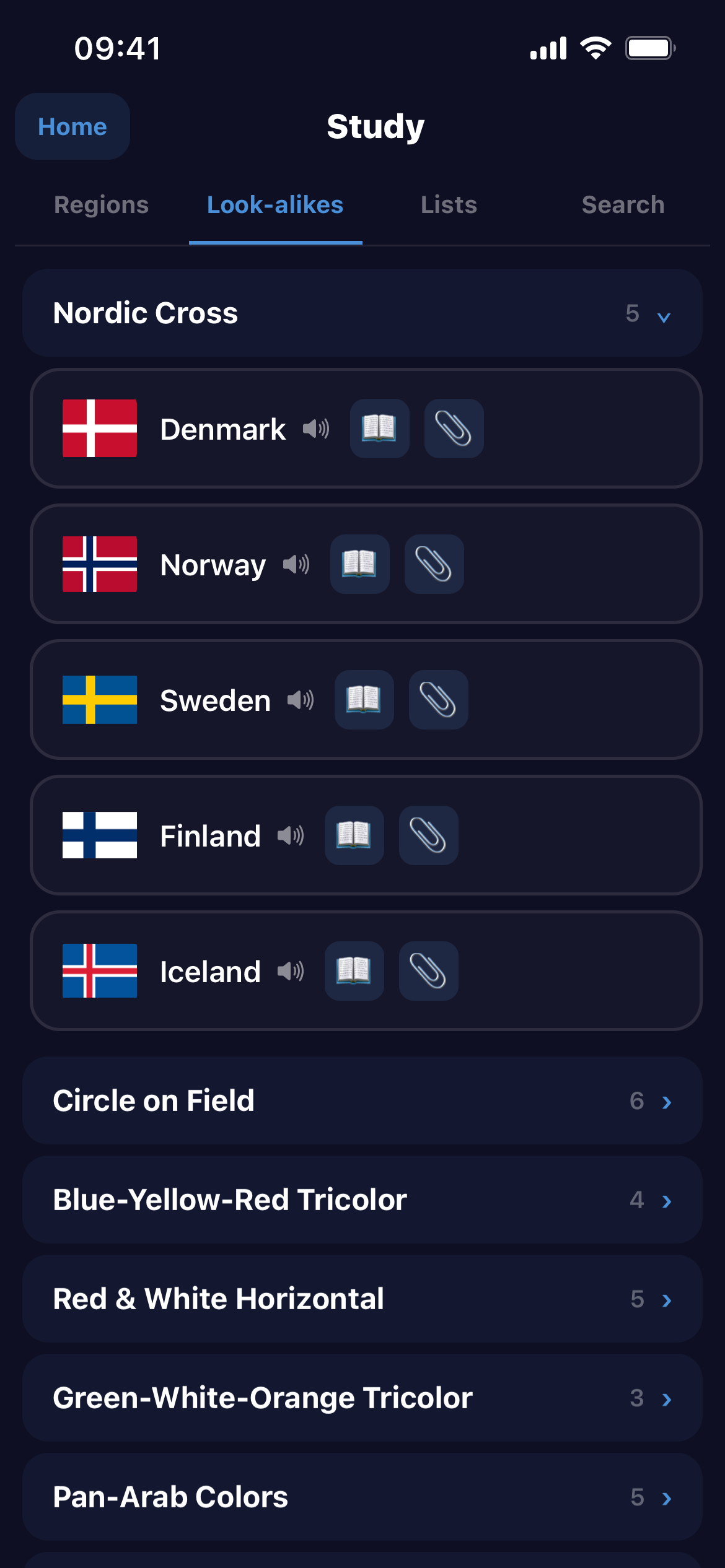 Flag Quiz Study screen comparing Nordic cross flags