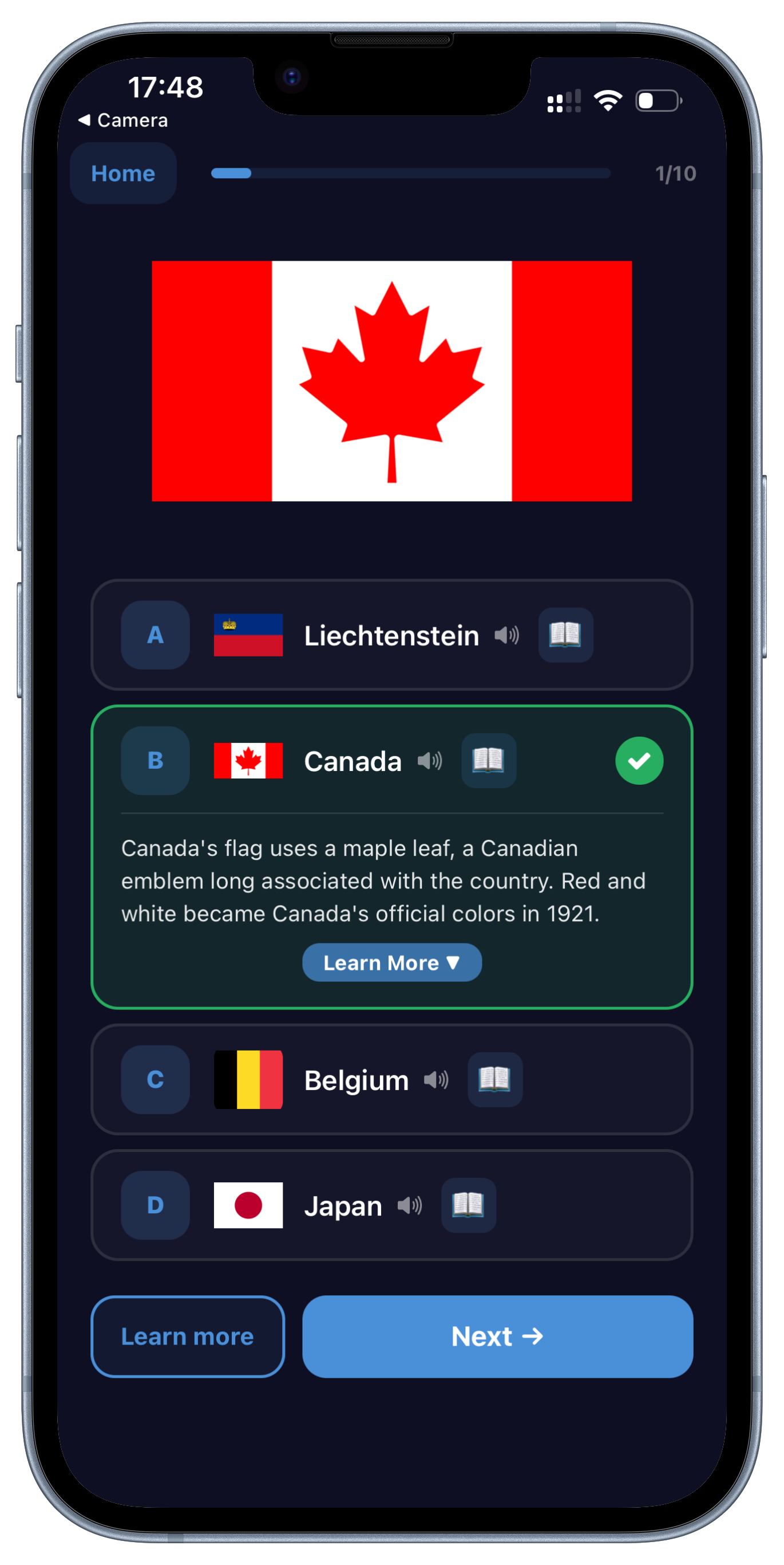 Flag Quiz app screen showing a Canada flag question with answer choices and an explanation card